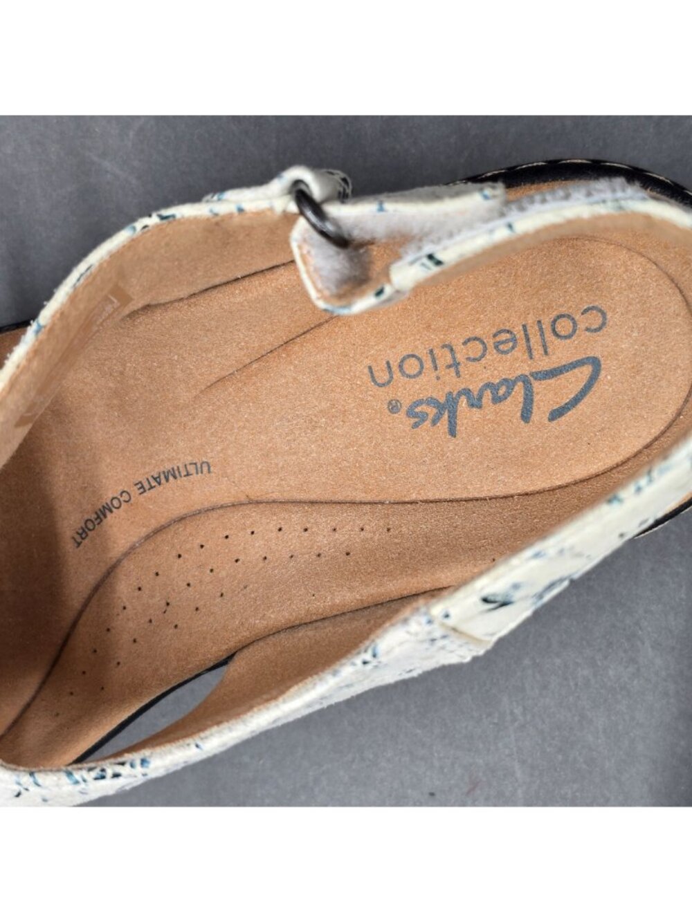 Clarks Merliah Echo Floral Wedge Sandals 7.5 White Blue Leather Slide Adjustable - Picture 11 of 12